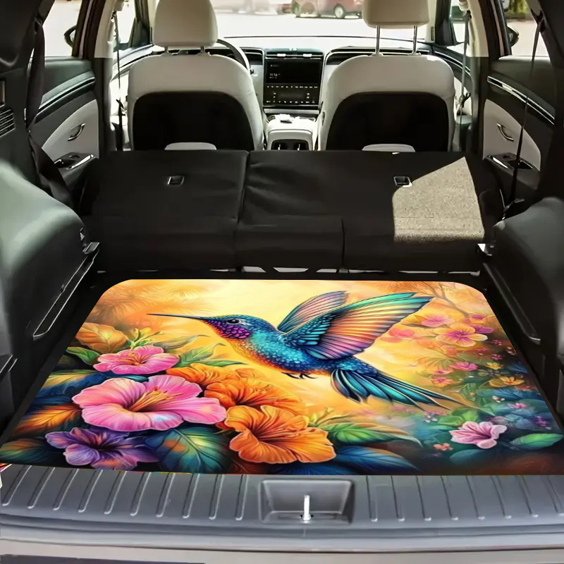 Tropical Hummingbird Art Universal Car Trunk Mat, Vibrant With Colorful Birds And Flowers, 1pc, 100% Polyester Fiber, Interior Accessory For Modern Automotive Decor