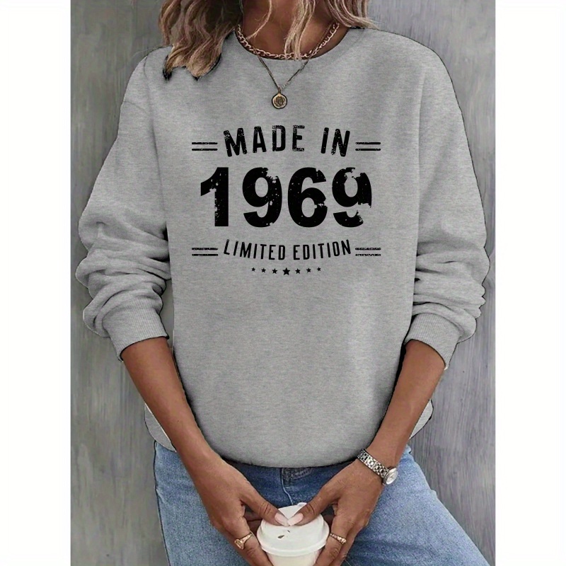 

1969 Graphic Neck Sweatshirt - Casual Polyester Women's Top For Fall & Spring, Polyester, Top