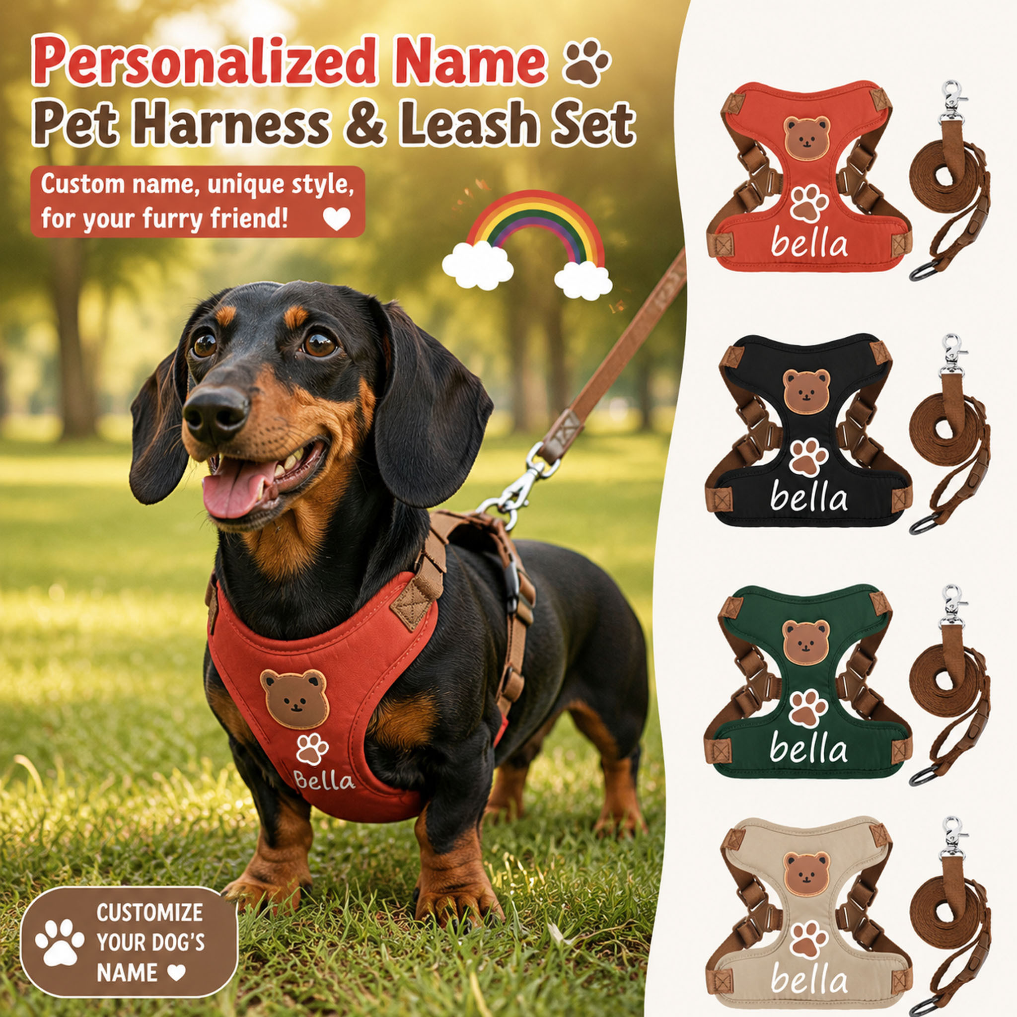 Solid Color Bear Pattern Dog Harness and Leash Set, Adjustable