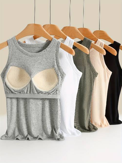 5pcs Women s Viscose & Spandex Tank Tops with Built-In Bra - Non-Removable Padding, Ribbed Fabric, Elegant Fan-Shaped Edge, Multicolor (Grey/White/Black/Olive/Beige) - Casual Loungewear, Fit, able , Stylish Ribbed Texture, Soft Fabric Construction