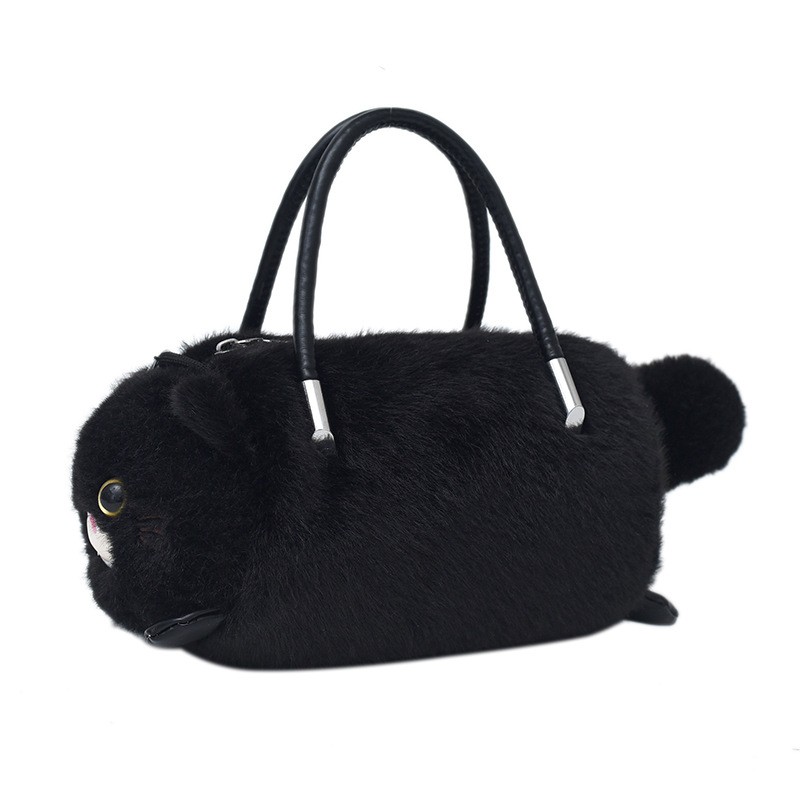 Plush Handbag Cat Bucket Bag | Cute Shoulder Crossbody Bag, Unlined, Zipper Closure, Solid Color, Holiday Theme
