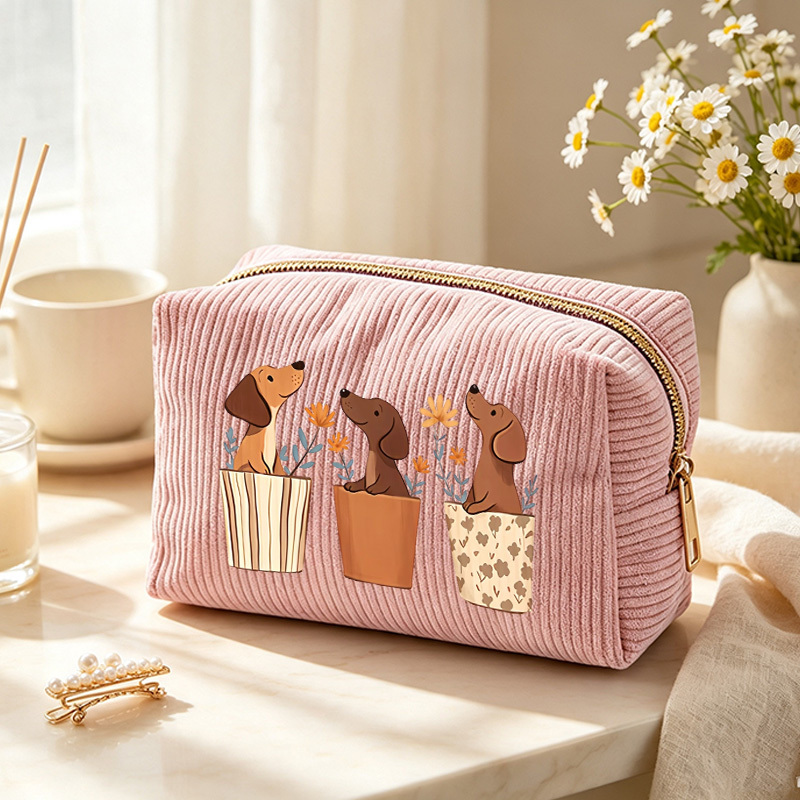 TEMU Exquisite Potted Sausage Dog Print Makeup Bag, Portable Storage For Travel, Gentle Fashion Item, Portable Cosmetic Bag, Premium Gift , Romantic