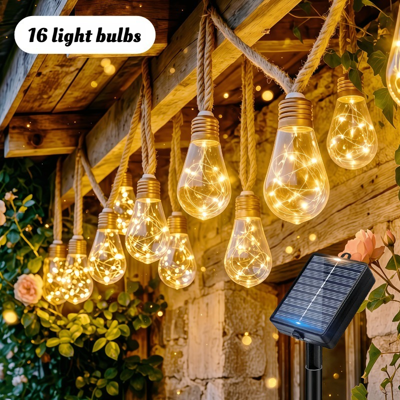TEMU 1pc Solar-powered Outdoor Smart Led String Lights, 4.2/6.6/9m Vintage Hanging Hemp Rope Lights With 8/16/24 Bulbs, Ip65 With Built-in Automatic