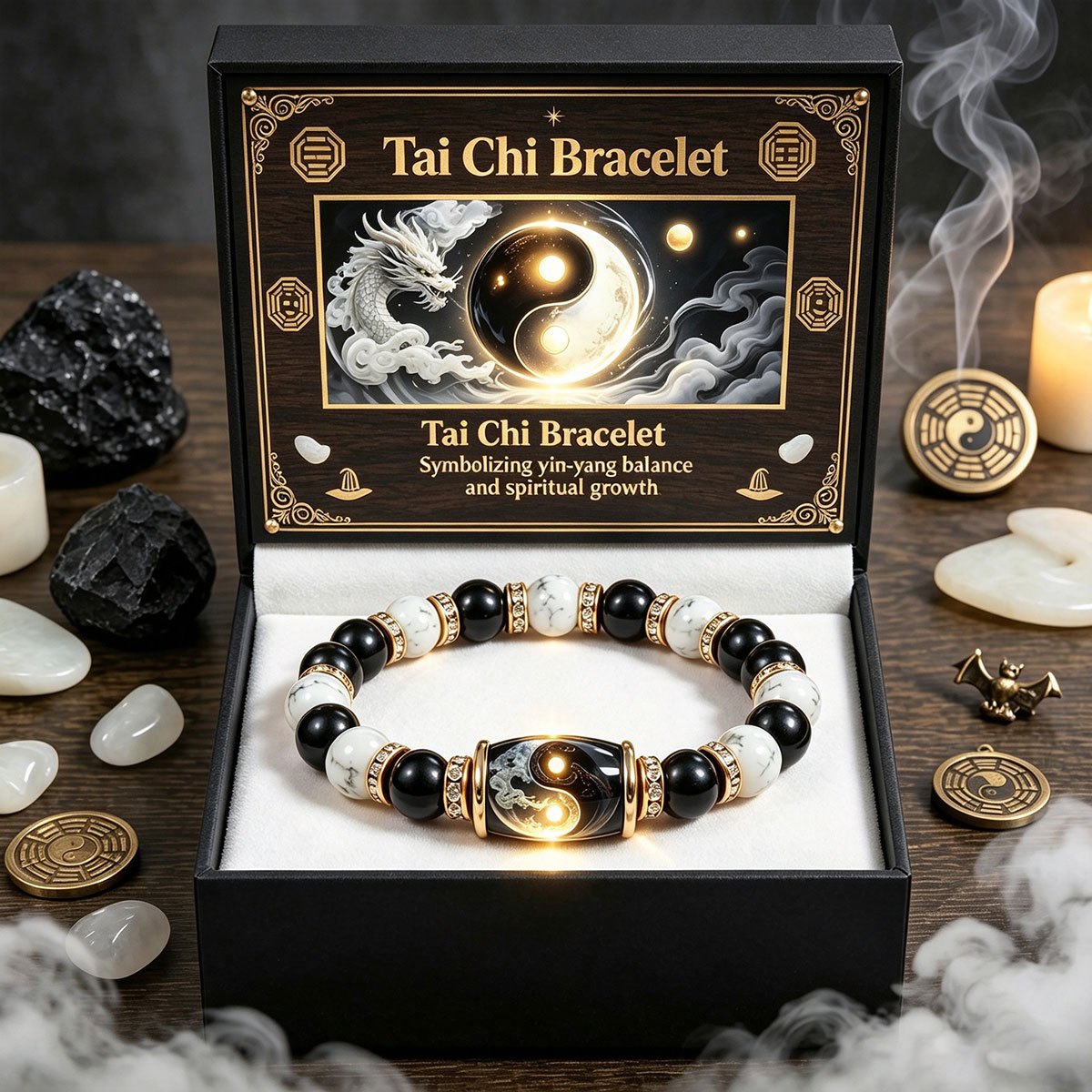 TEMU Bracelet de perles de 8 mm en howlite et Tai Chi Yin Yang pour hommes et femmes, bracelet en naturelle symbolisant l' Yin-Yang et la croissance