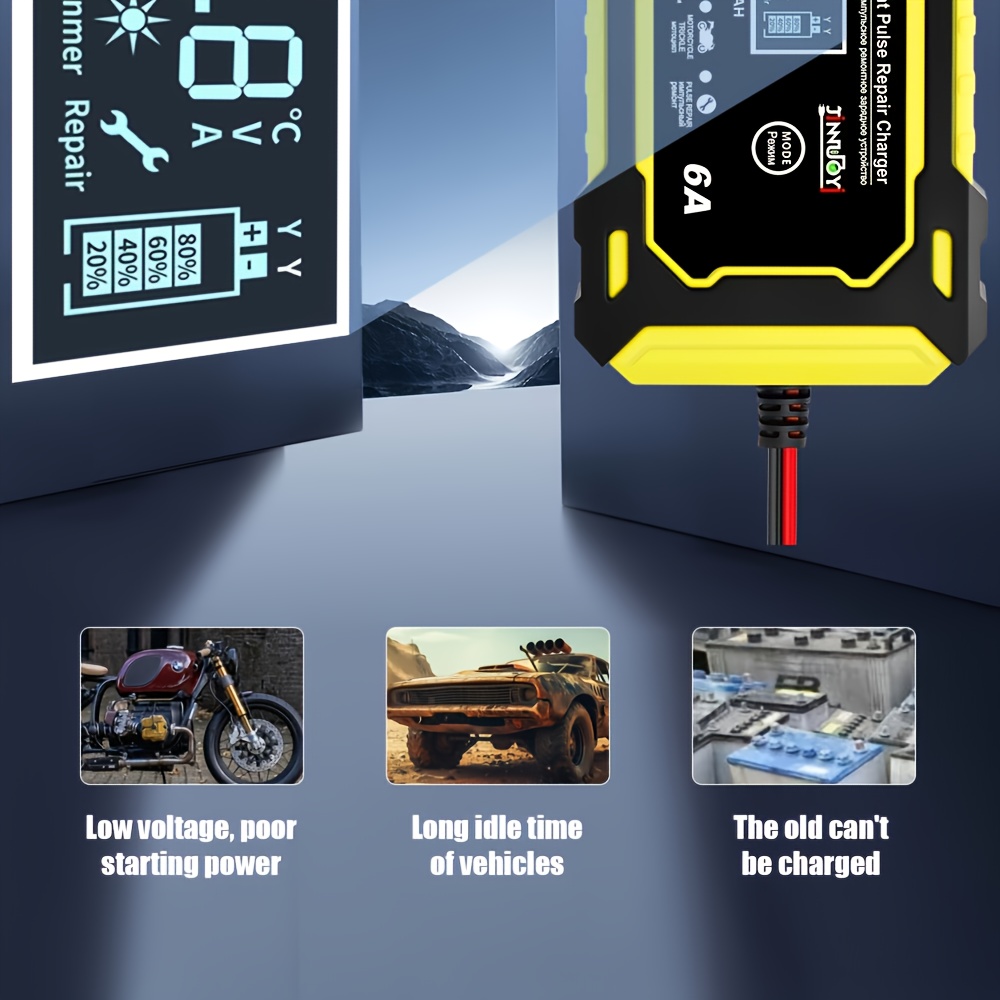 12v 6a паметен полнач за поправка со   и lcd дисплеј | погоден за  , камиони, мотоцикли, косилки за трева и чамци - продолжен век на батеријата, заштита од прегревање, детекција на поларитет, автоматски режим, ce/, без батерија Детали за производот 9