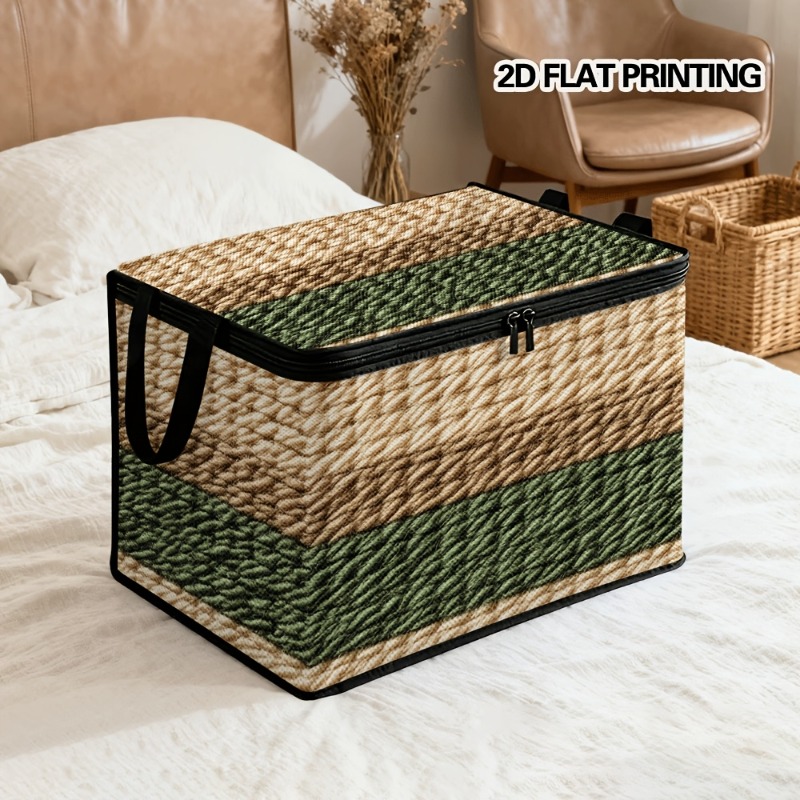 TEMU 1pc 2d Flat Weave Striped Design Storage Basket, Foldable With Lid And Zipper, For Organizing Clothes, Bedroom Storage, Under-bed Organization,