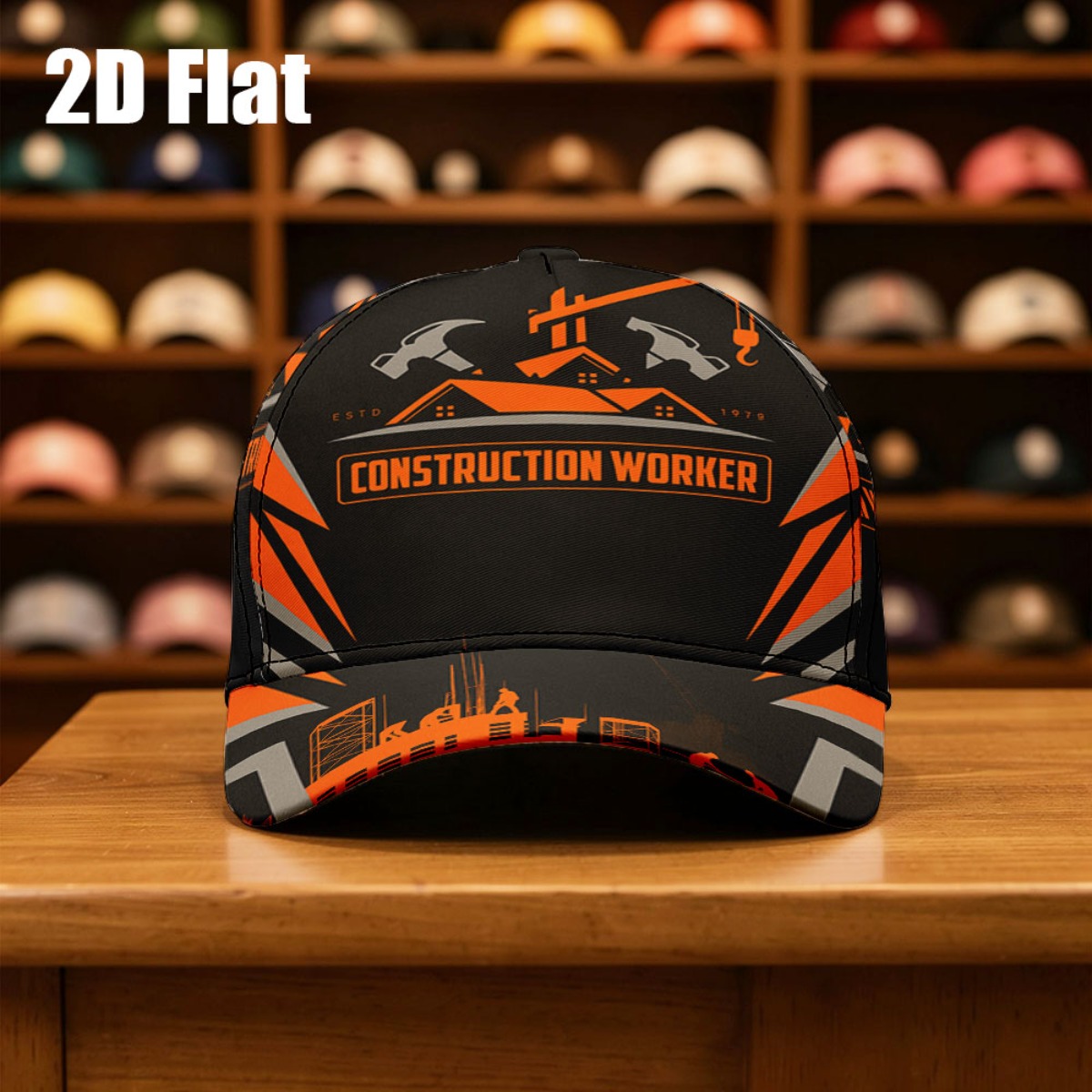 TEMU 1pc Baseball Cap With Construction Worker Orange Black Graphic Print Breathable, Print Fishing Hat Adjustable Unisex Sporty Style Great For