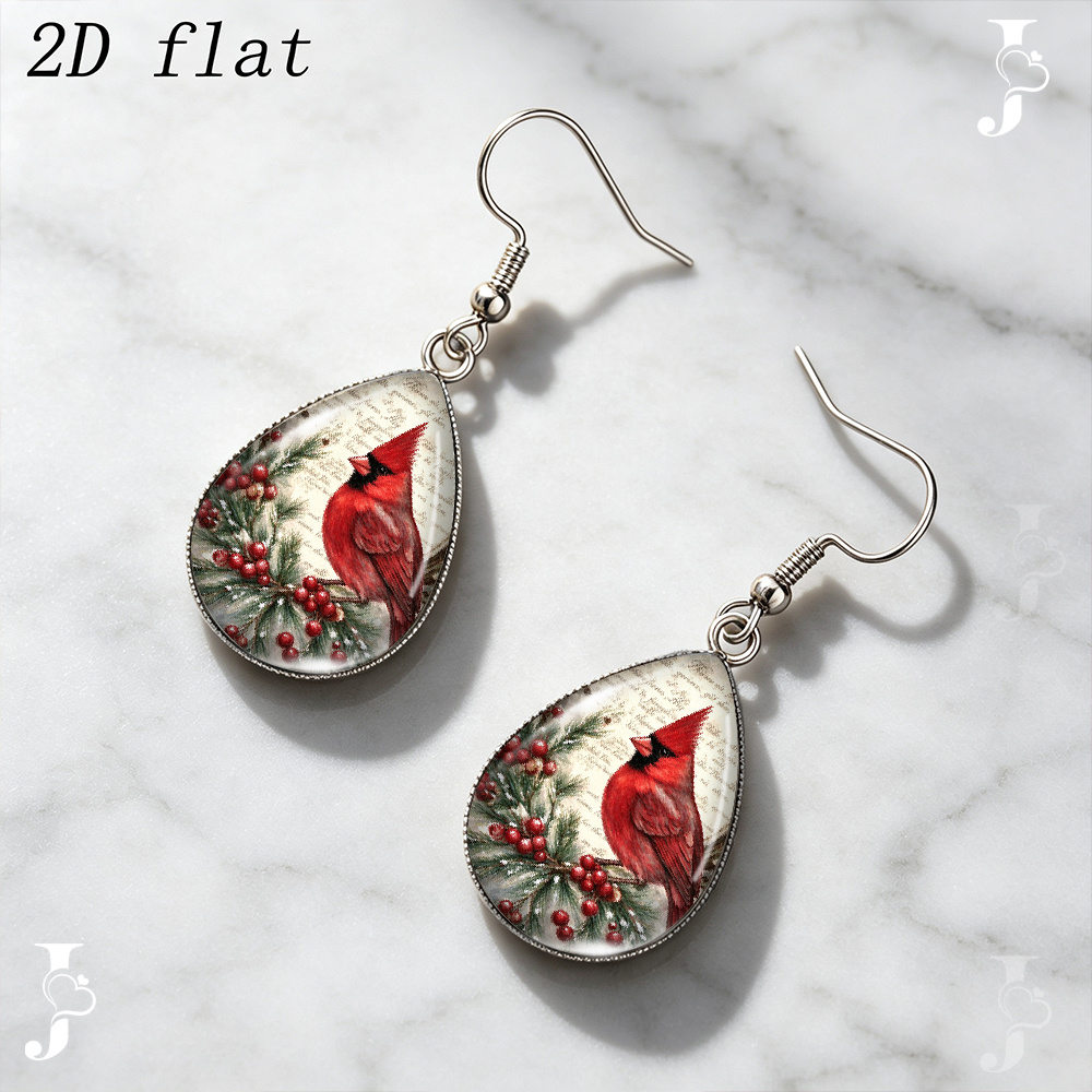 Vintage Cardinal Bird Teardrop Dangle Earrings