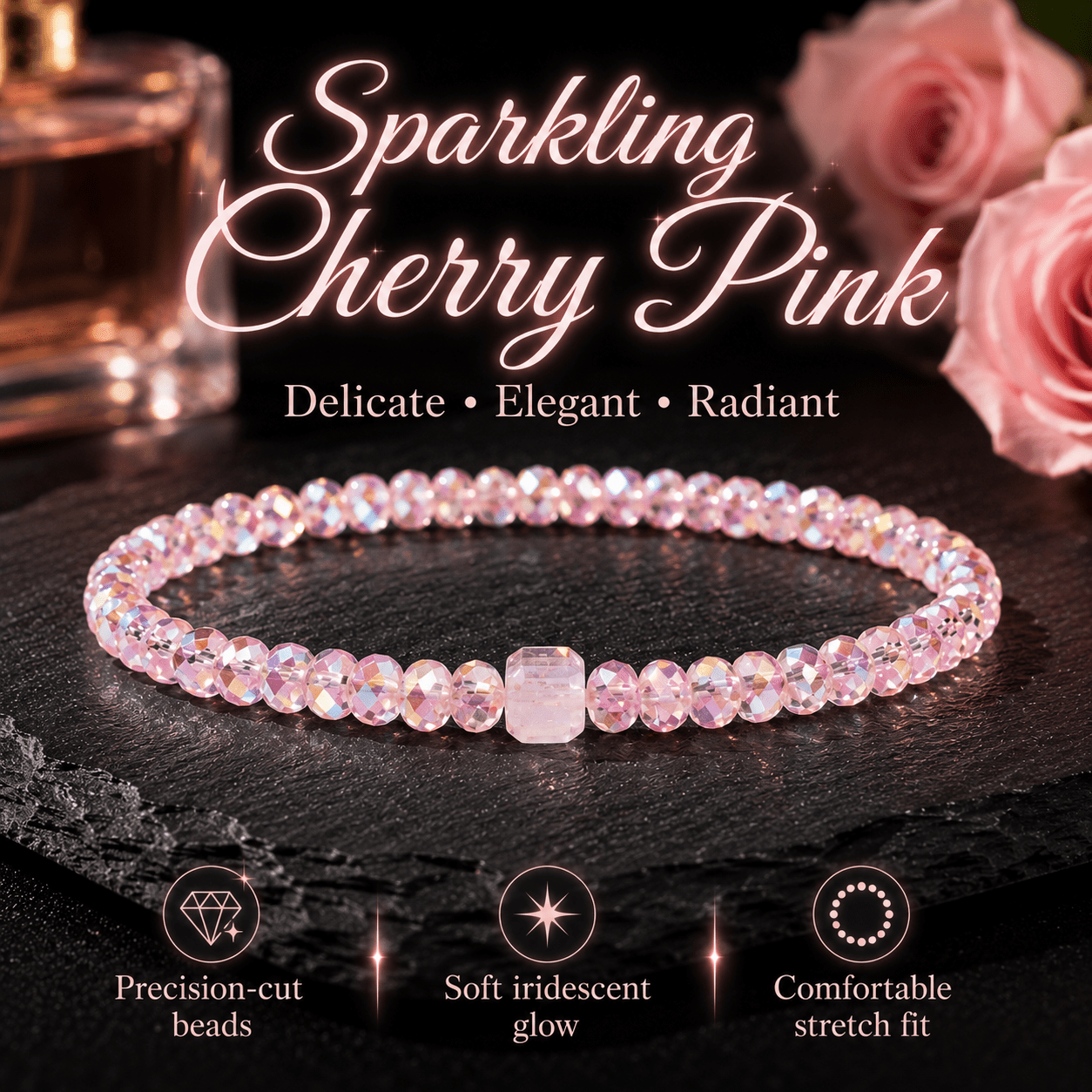 TEMU Bracelet 1 pièce en perles de cristal roses, Bracelet extensible à perles rondes pour femme, Accessoire de tous , Cadeau