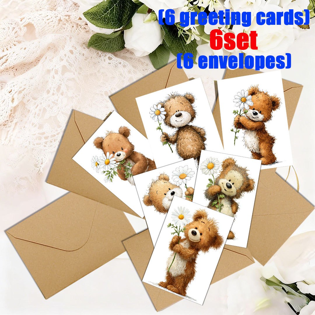 TEMU 6-set/12-set Bear & Floral Greeting Cards + Envelopes|blank |ideal For Holidays, Parties, And Event Invitations|a Top For Holiday Gifting