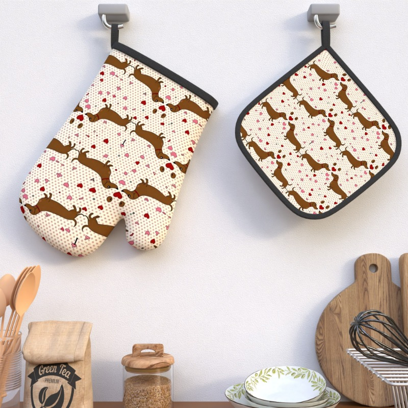 

2pcs Dachshund Pattern Oven Mitts & Potholders Set, Woven Polyester, Heat Resistant, Machine Washable, For Grilling, Cooking, Baking, Broiling, Microwave Use With Decor