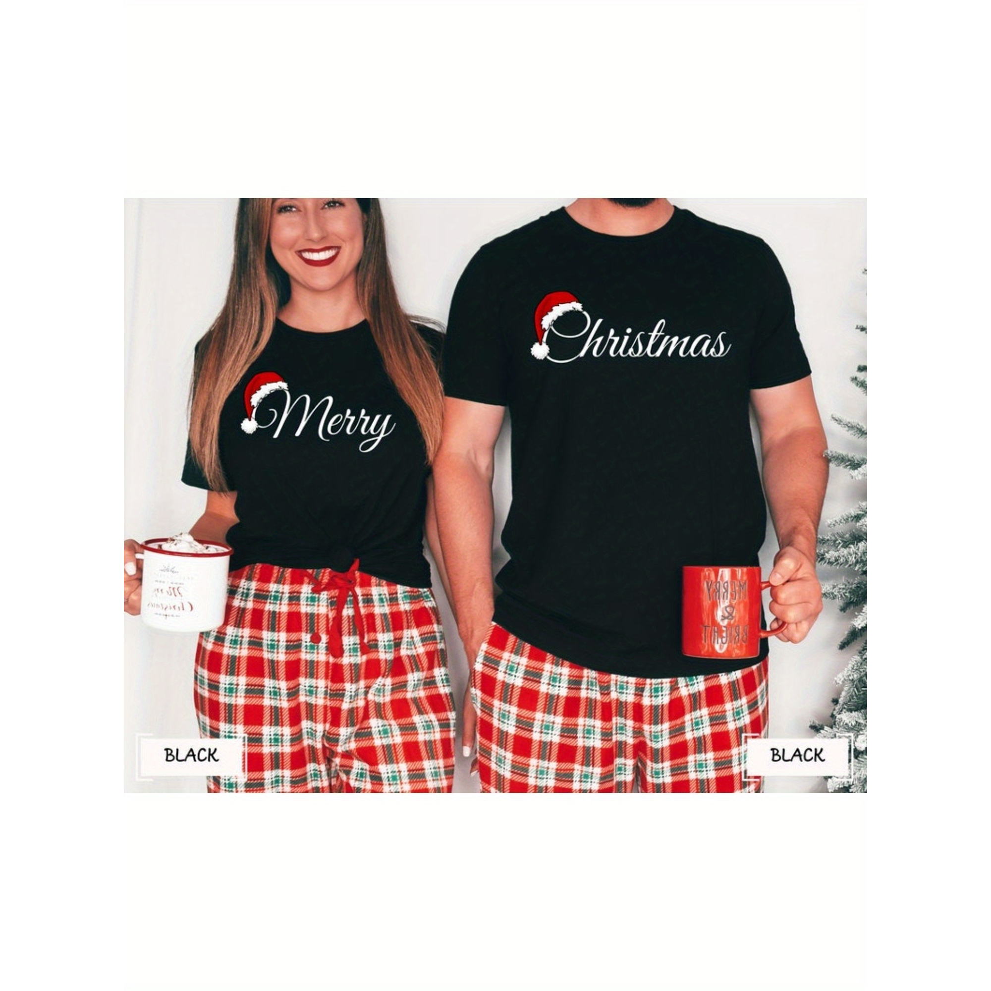 

Merry Christmas Matching Couple Sweatshirts - Casual Crew Neck, Short Sleeve Pajama Tops For , Cotton