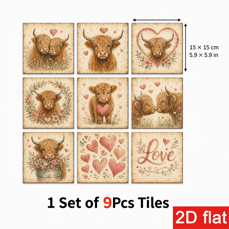 TEMU 2d Flat 9pcs 15x15cm (5.9x5.9in) Slate Tile Stickers Peel And Stick Wall Tiles With Vintage Highland Cow And Floral Heart Pattern, Ideal For