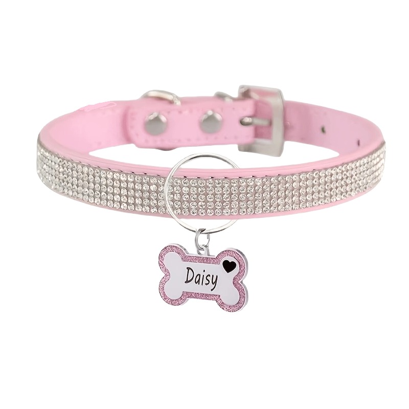 Customized Rhinestone Dog and Cat Collars with Name ID Tags