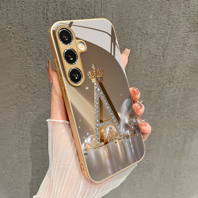 TEMU Phone Case: Diamond Crown Feather Letter A Pattern Glass Phone Case, Suitable For Galaxy