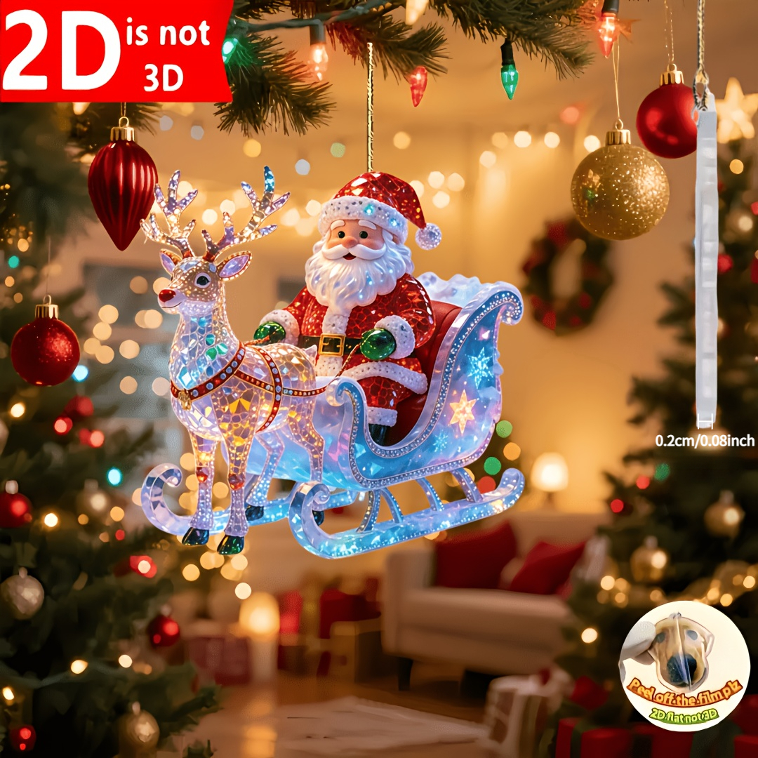 TEMU 2d Flat, 1pc Deer Pulling Santa Claus On A Sleigh Pattern Acrylic Ornament, No Power Required, Decoration, Car Rearview Mirror Hanging Ornament,