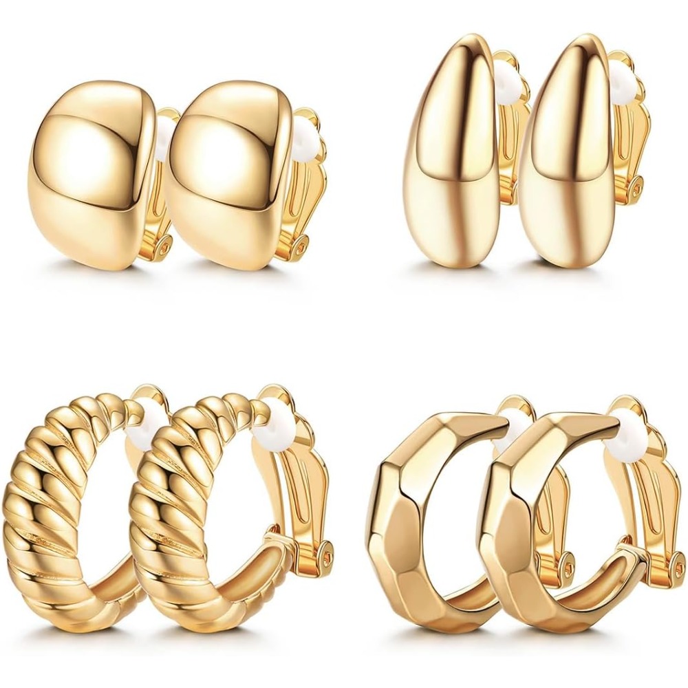 Image of 4 Pairs Golden Clip On Hoop Earrings For Women Twist Chunky Geometric Round Huggie Hoop Clip On Earrings