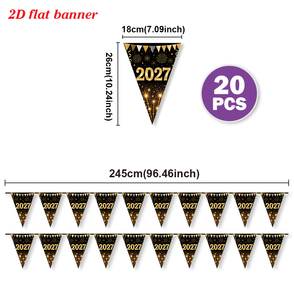 TEMU 2D Plat, 20 stuks 2D Plat Wimpelketting, Oudejaarsavond Feest Vlaggenlijn, 2027 Zwart en Gouden Glinsterende Glitter Driehoekige Wimpelslinger,