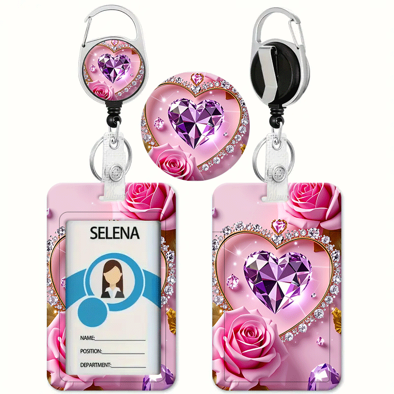 TEMU Heart-shaped Diamond-studded Pink Rose And Purple Gemstone Pattern Printed Card Holder With A Retractable Badge Reel - Id Badge Holder, Credit