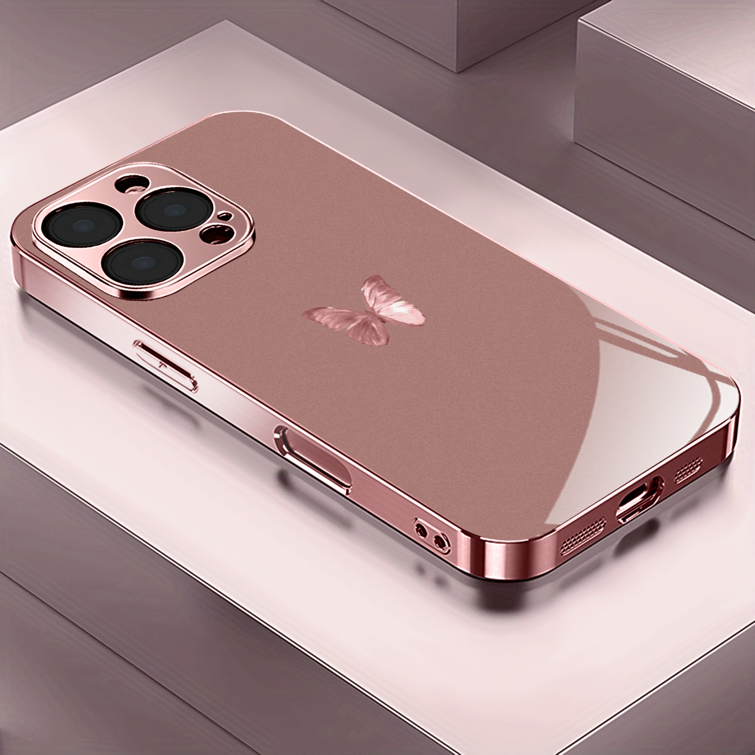 E-shop Handyhülle: Schmetterlingsmuster Roségold/galvanisiert rosa, passend für iPhone 17/17 Pro/17 Air/17 Pro Max/16/16 Pro/16 Plus/16 Pro Max/ Pro/15
