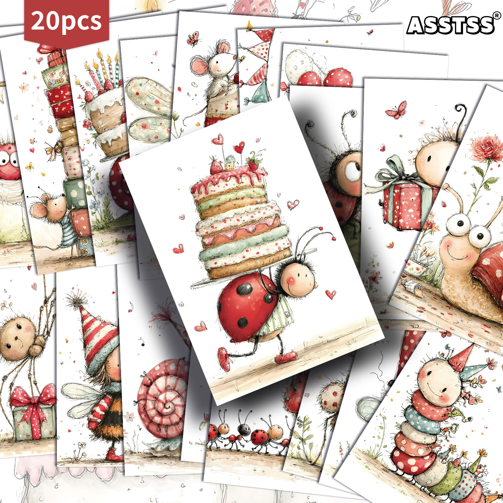 Image of 20-pack Asstss Vintage Whimsical Birthday Bugs Postcards - 4x6 Inches Junk Journal Supplies, Classic Pinup Illustrations Collectible Decorative Painting Cards For Scrapbooking & Crafting