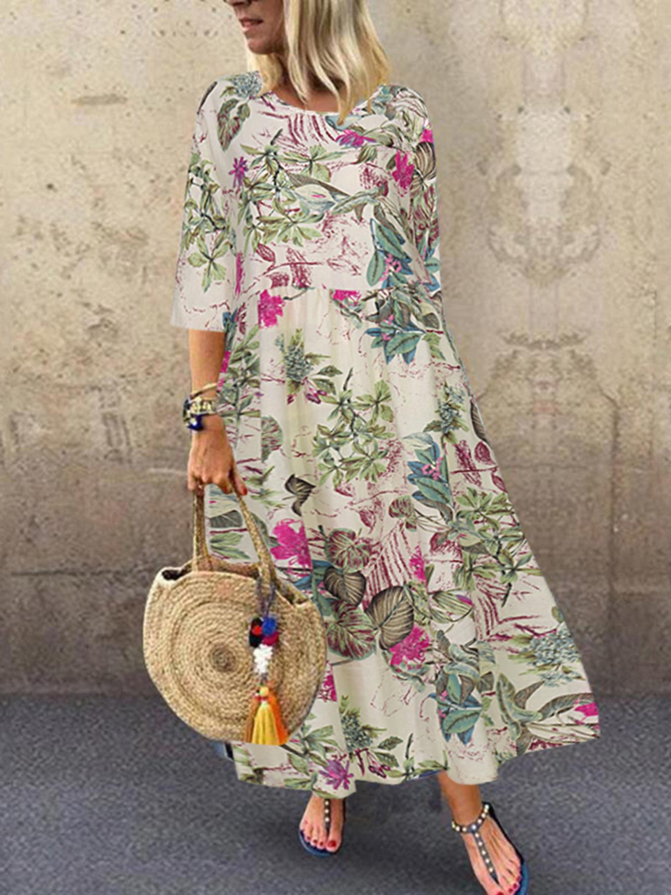 robe longue femme vintage imprimé floral manches 3/4 col rond légère vacances décontractée   coupe trapèze kaftan
