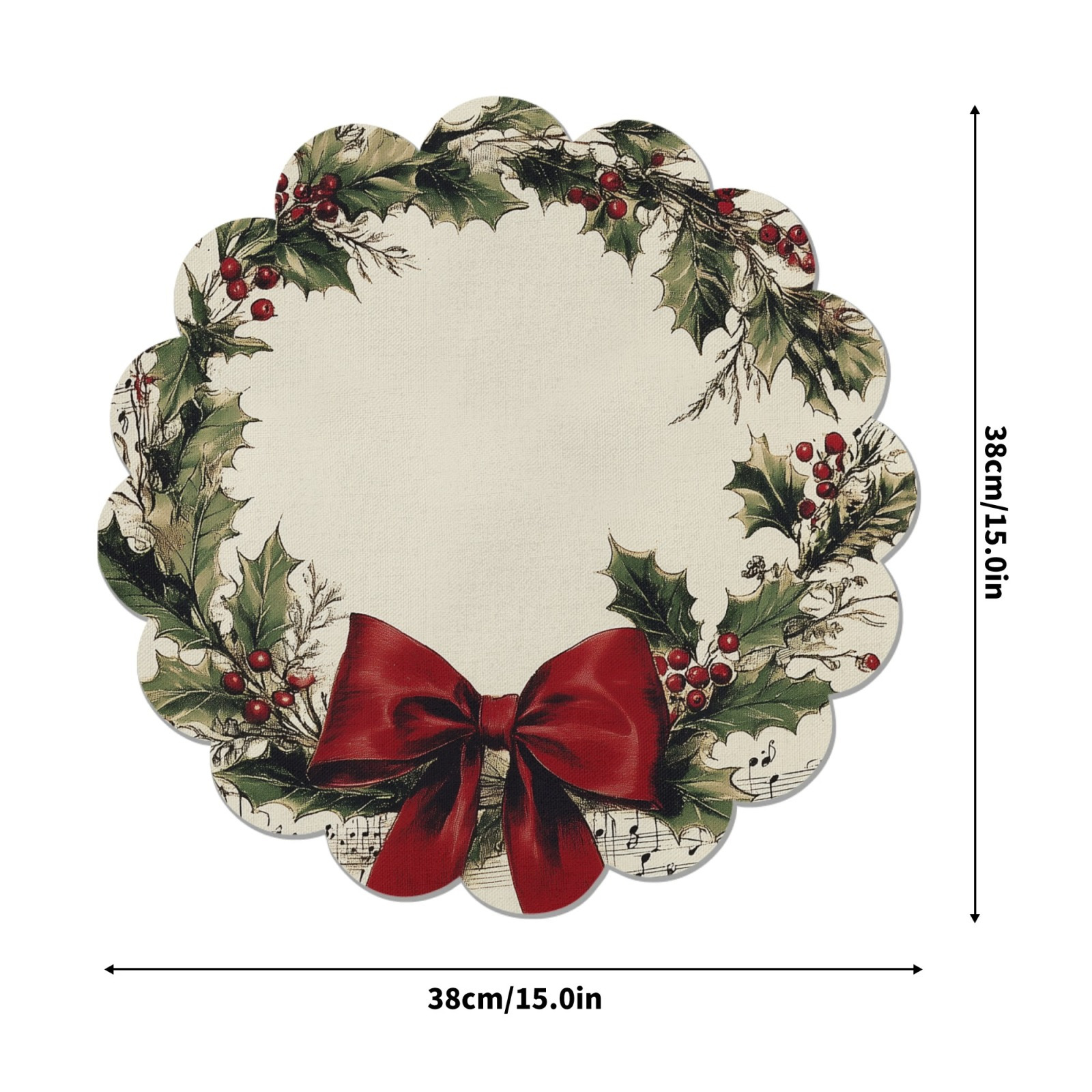 4pcs vintage wreath design round placemats with musical notes and red bow non slip machine washable polyester table mats for christmas   banquet and party dining decor Product details 2