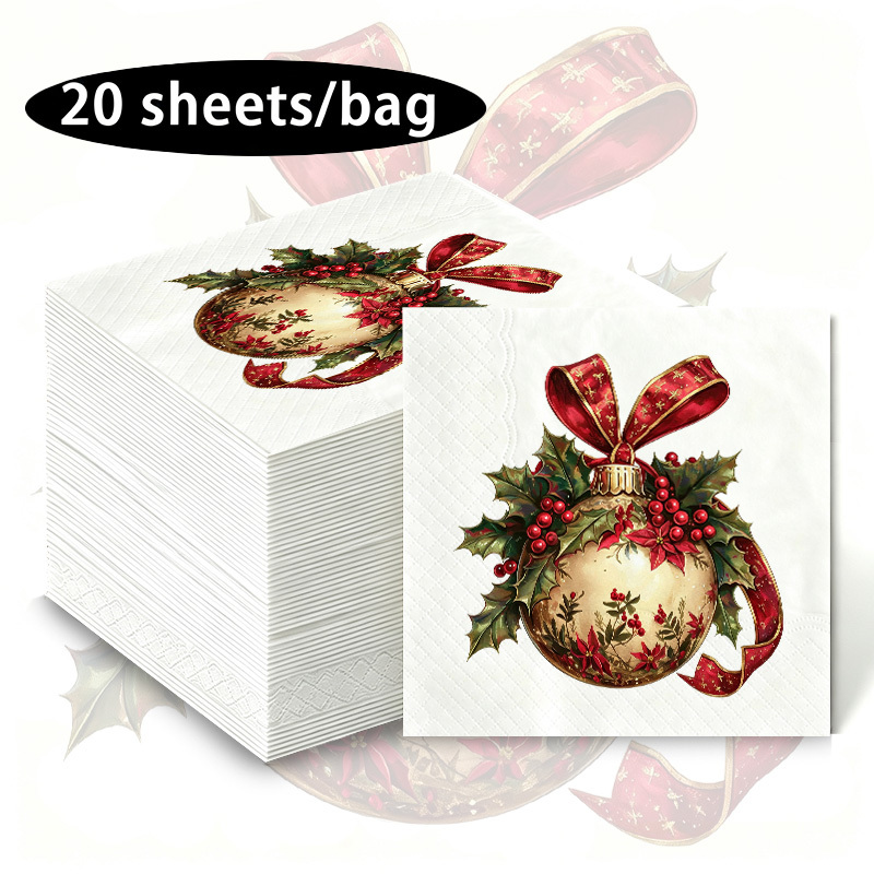 TEMU 10/20 serviettes rondins dorées de Noël, serviettes en papier imprimées avec motif rouge de houx et de Noël, adaptées aux fêtes à et aux scènes