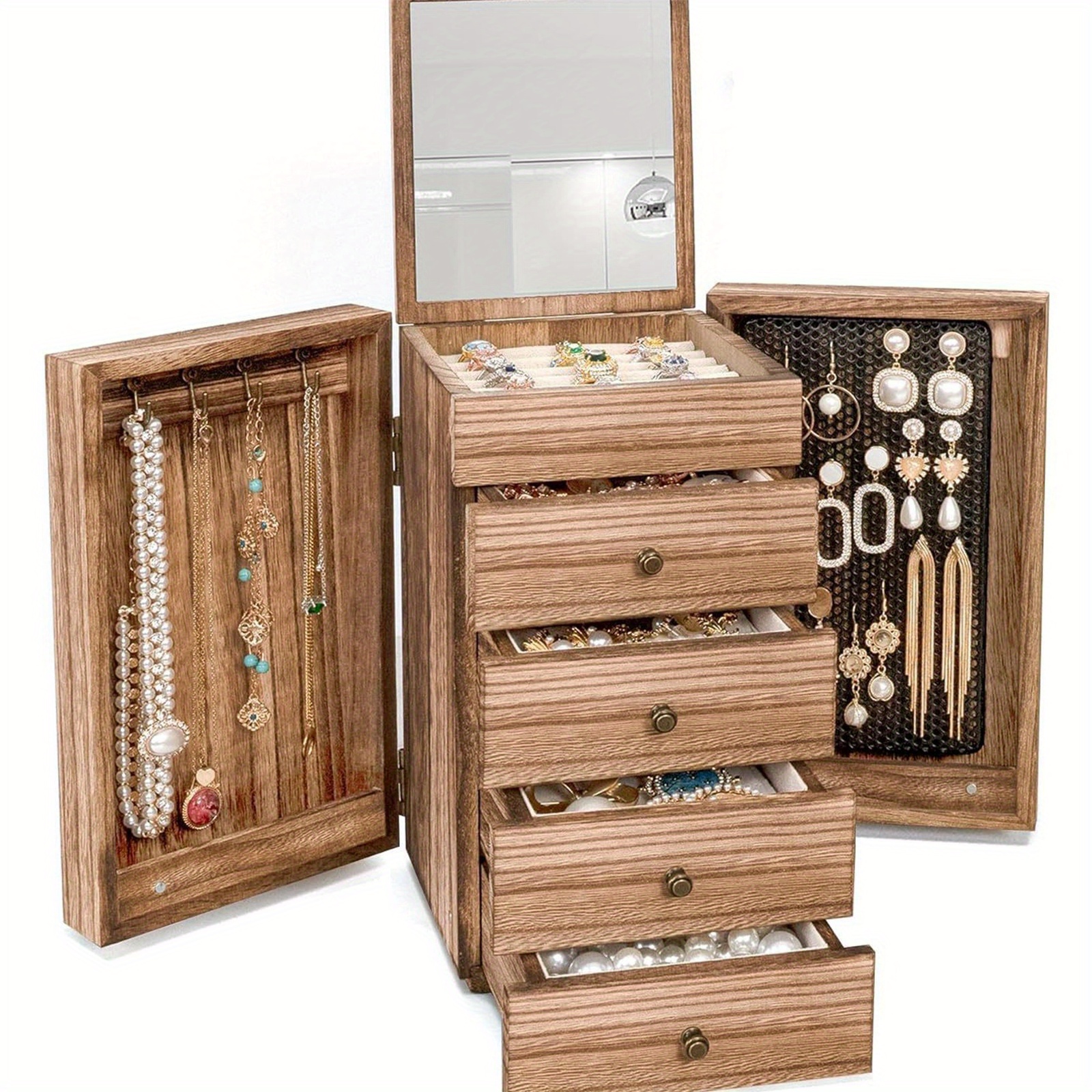 

Rustic 5- Layer Wooden Jewelry Organizer With Mirror - Necklaces, Earrings, Rings & Bracelets, Utility Hooks, Jewelry Boxes