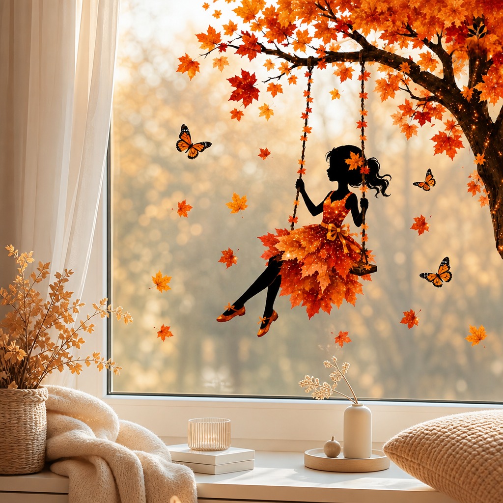 TEMU Autumn Window Stickers, Autumn Maple Leaf Swing Silhouette Window Stickers, Removable Electrostatic Decals With Butterflies, Suitable For