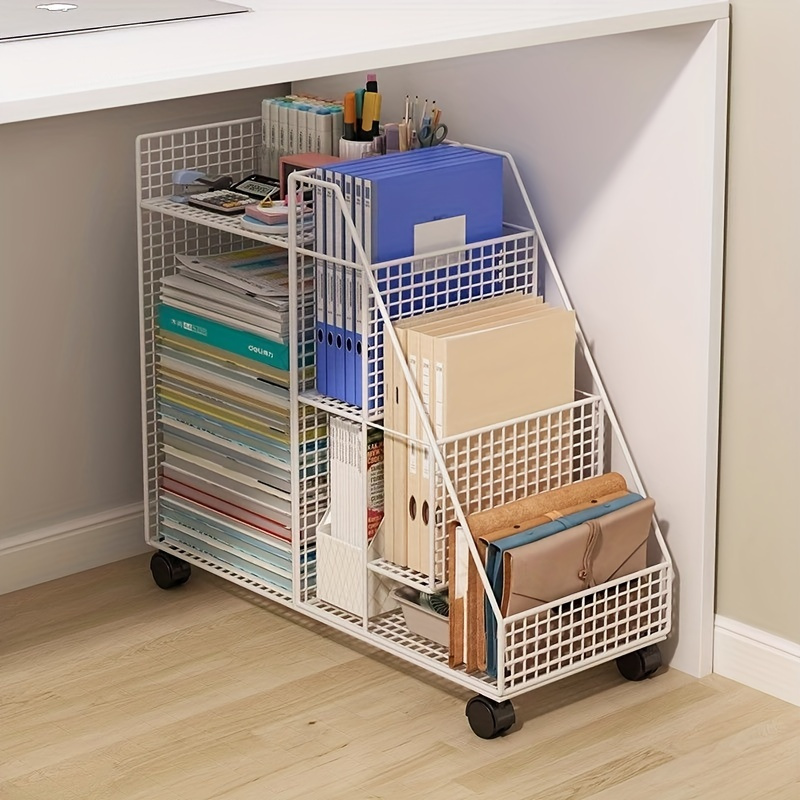 

Portable Under-desk Rolling Bookshelf - Easy-to-assemble White Iron Storage Cart With Stylish Painted , Mesh Design For Home Office Organization