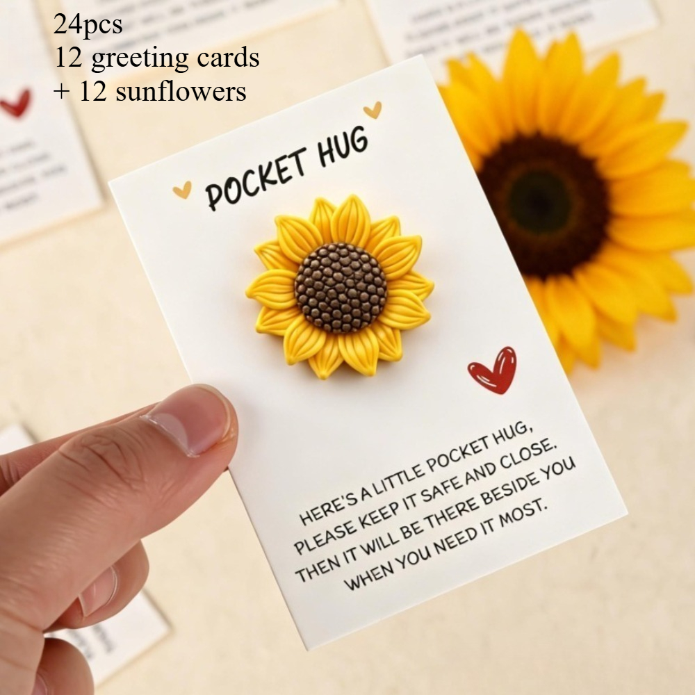 TEMU 24pcs Optimistic Sunflower Themed Greeting Cards, Including Pocket Hug Cards, Party Invitations, Gift Support, Friend Gifts, Hug Gifts,