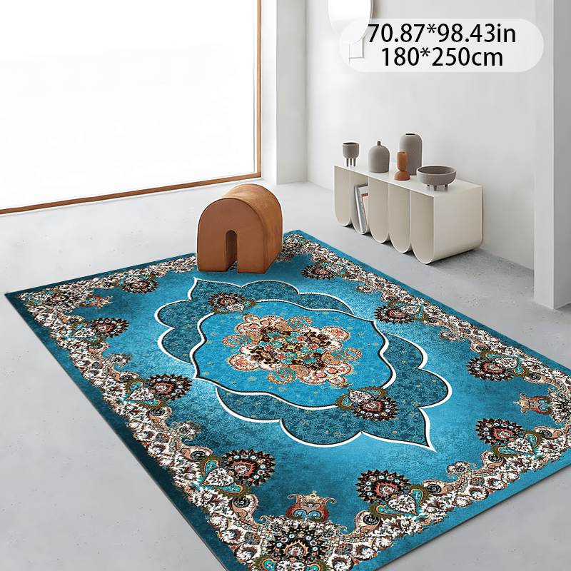 품목 사진   벨벳으로 제작된 파란색 프린트 야외 카펫입니다. 사이즈는 80*120cm, 100*160cm, 140*200cm, 180*250cm, 200*300cm로 제공됩니다. 거실, 소파 쿠션, 현관 매트 등 다양한 환경에 적합합니다.