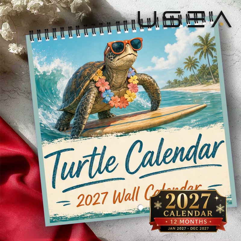 TEMU 2027 Wall Calendar2027 Turtle Wall Calendar, 12 Month Yearly Organizer, Hanging Twin Wire Spiral Calendar With Tropical Surfing Turtle Design,