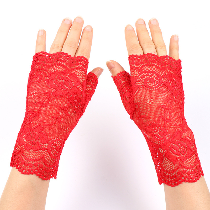 TEMU 1 Pair Women's Lace Gloves Half-finger Fashion Spring Summer Thin Sunshade Elastic All-match Breathable Fingerless Dance Cos/y2k Decorative