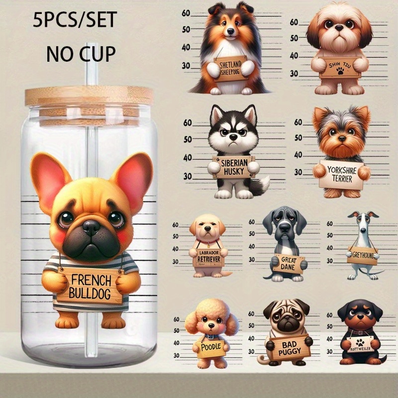 TEMU 5pcs/ Set Dog 16oz Glass Jar Transfer Paper Uv Dtf High Self-adhesive Transfer Paper Suitable For Decorating Cups And Bottles