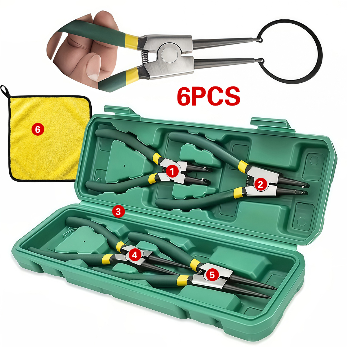 Image of 6pcs Steel 7 Inch Heavy Duty Circlip Pliers Set Straight And Bent Fixed Jaw Retaining Ring Pliers Circlip Removal Tool Kit With Storage Box And Double Sided Cleaning Cloth