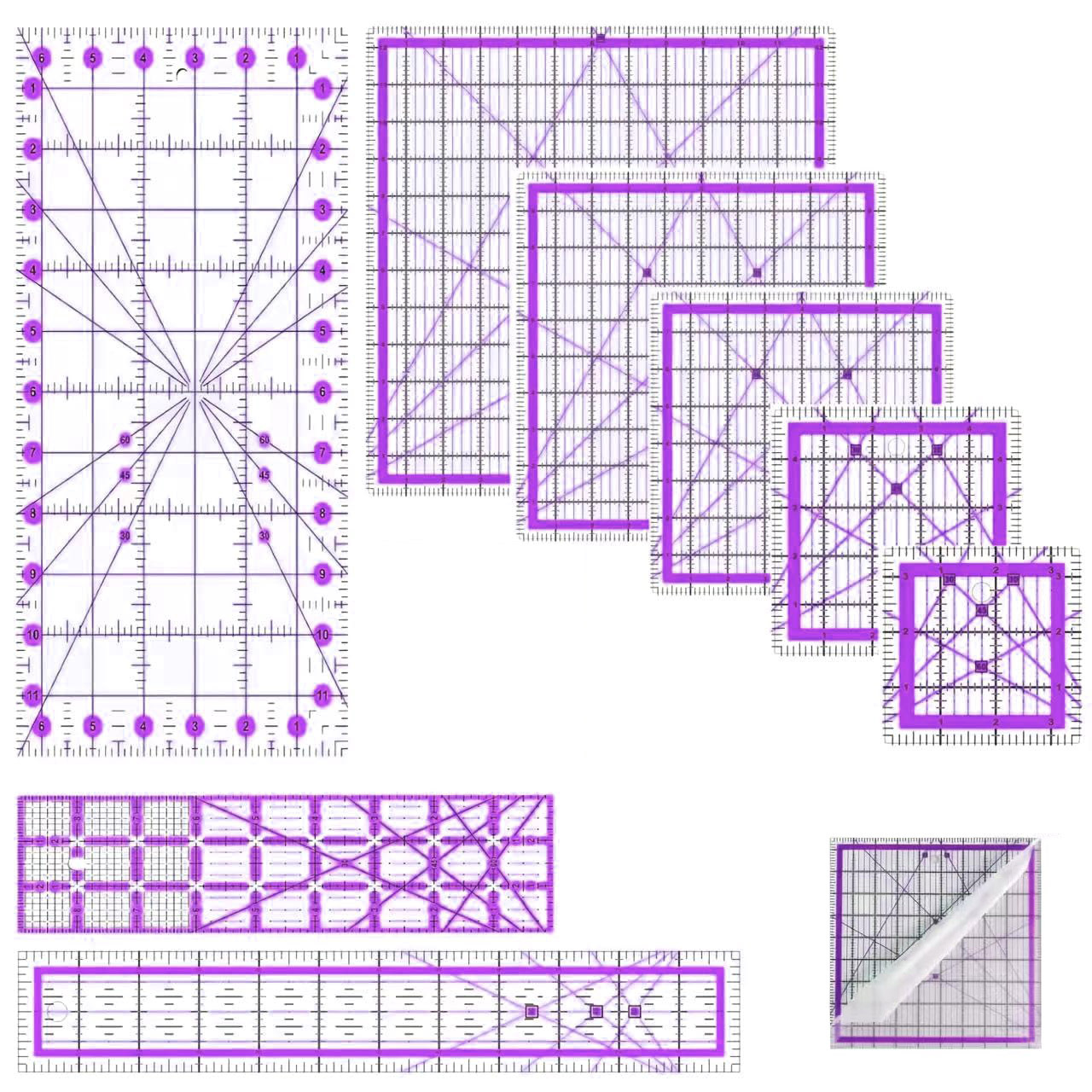 TEMU Set de 8 règles de couture, règles de quilting en acrylique violet (3,5x3,5, 5x5, 8x8, 10x10, 12,5x12,5, 6,5x12, 5,1x12, 3x9), adaptées aux de