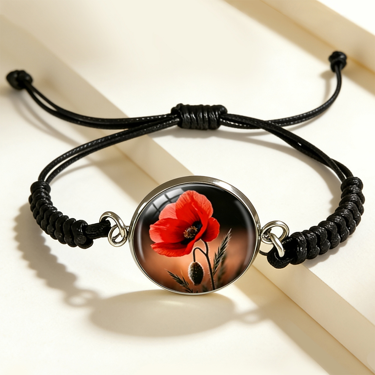 TEMU 1pc Nostalgic Red Flower Woven Bracelet, Rhoeas Anniversary Print Adjustable Rope Bracelet, Suitable For Men And Women