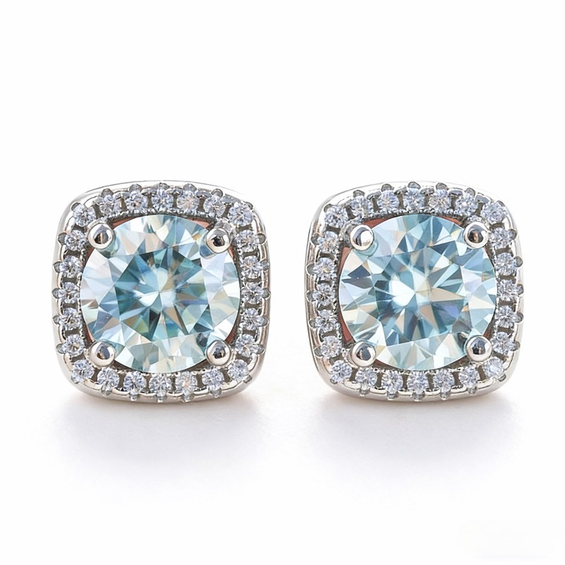 Women's Round Cut Light Blue Moissanite Copper Stud Earrings, Gift