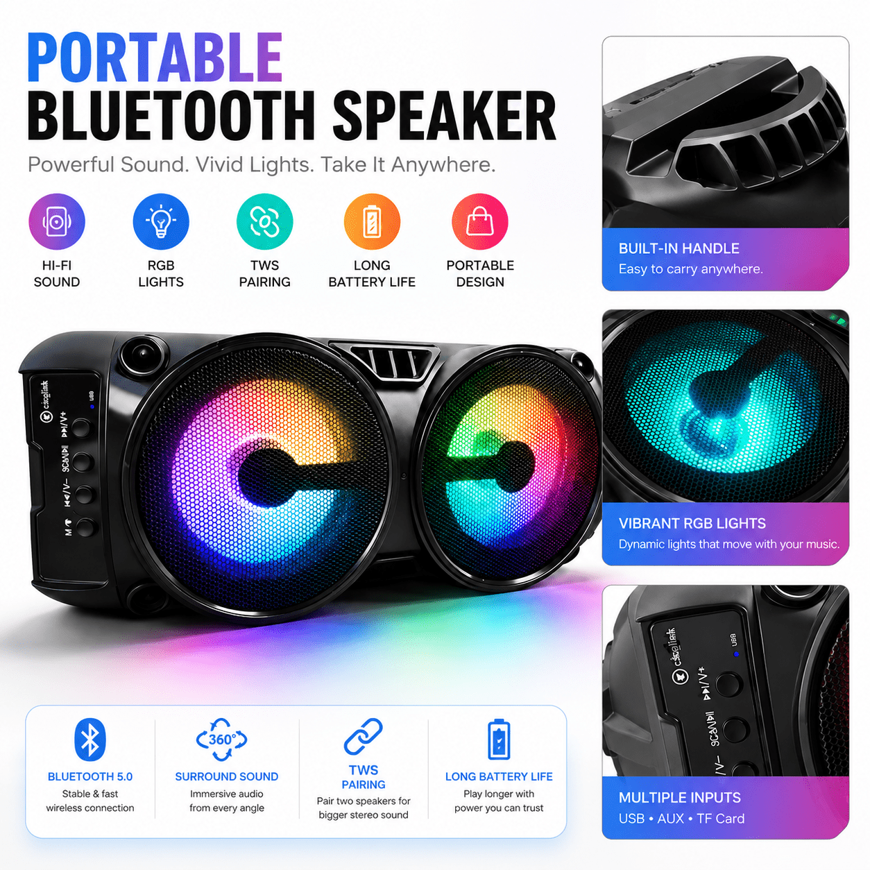 Image of Portable Wireless Wireless Speaker With Microphone, Colored Lights. Supports Tf Card, Usb Type-c, And Fm Radio, Making It Suitable For Parties, Disco Karaoke, Outdoor Camping