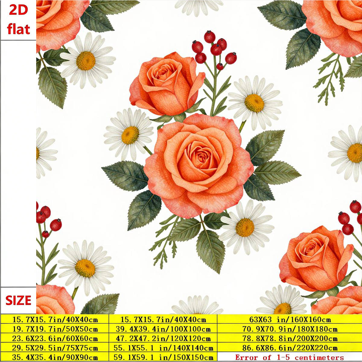 TEMU 1pc Small Square Tablecloth Suitable For Kitchen & Dining Tables, Orange Rose White Daisy Watercolor Floral Seamless Pattern, Machine-made
