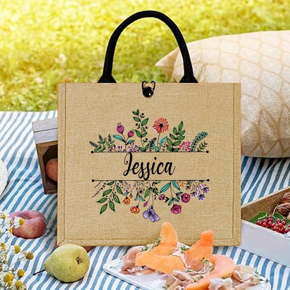 TEMU Custom Name Watercolor Floral Jute Bag, Flowers Custom Name Tote Bag, Wildflowers Tote Bag, Personalized Tote Bag, Custom Tote Bag, Unique