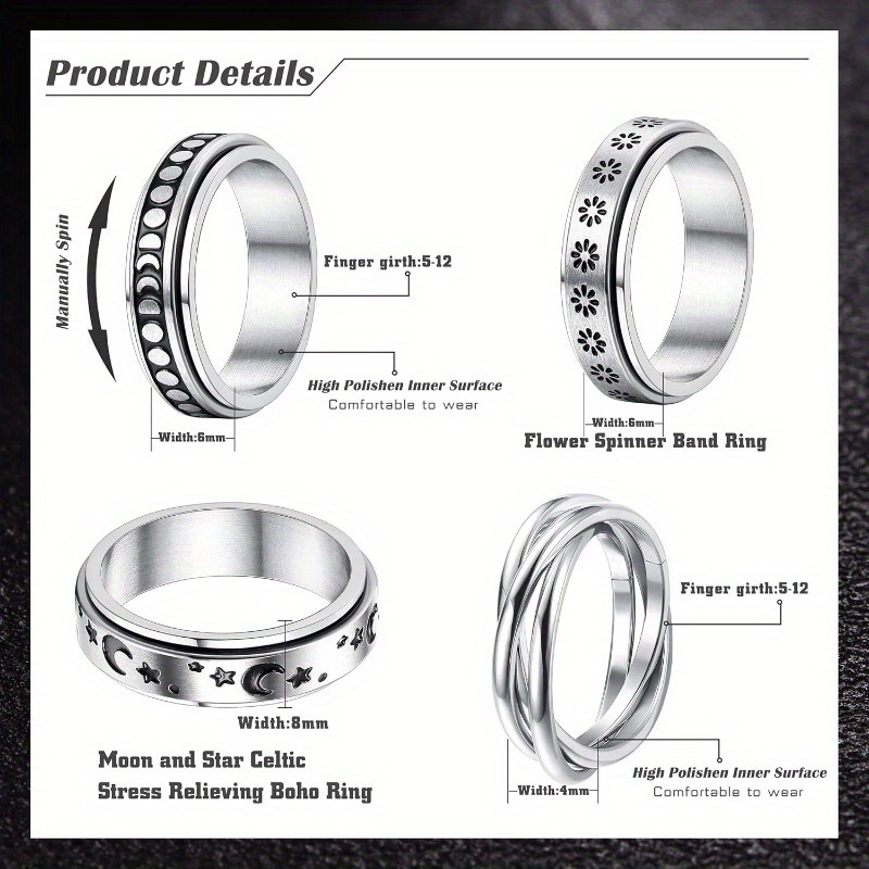 stainless steel fidget anxiety ring for women men fidget spinner rings moon star celtic stress relieving spinning ring wedding band rings set46pcs Product details 1
