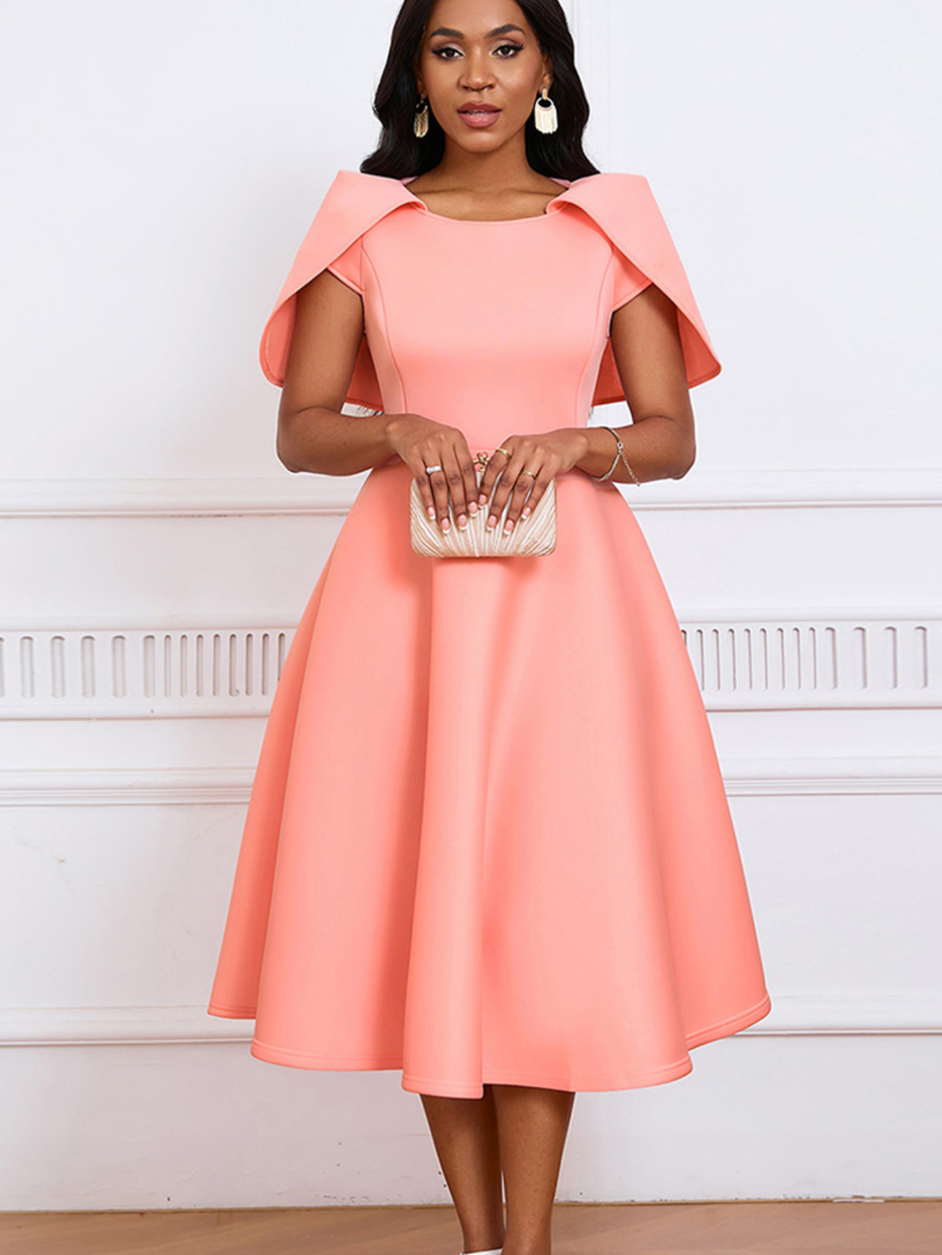 Tea Length Button Front Occasion Dress Formal Knee Length Peach