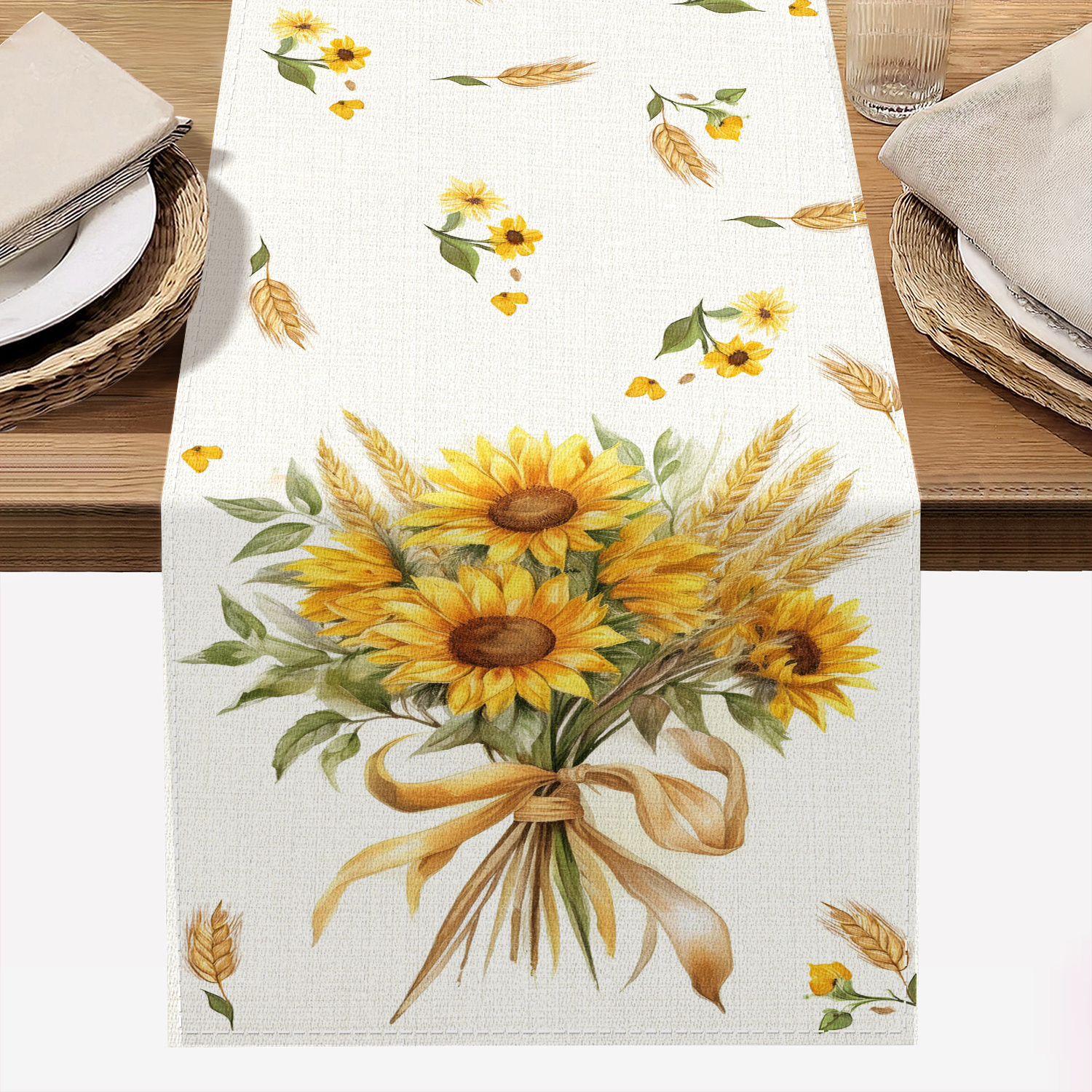 

1pc Sunflower And Wheat Design Tablecloth, 72" Woven Polyester, All Kitchen Decor, Holiday Party Table Decoration, Home Decor Gift, 100% Polyester