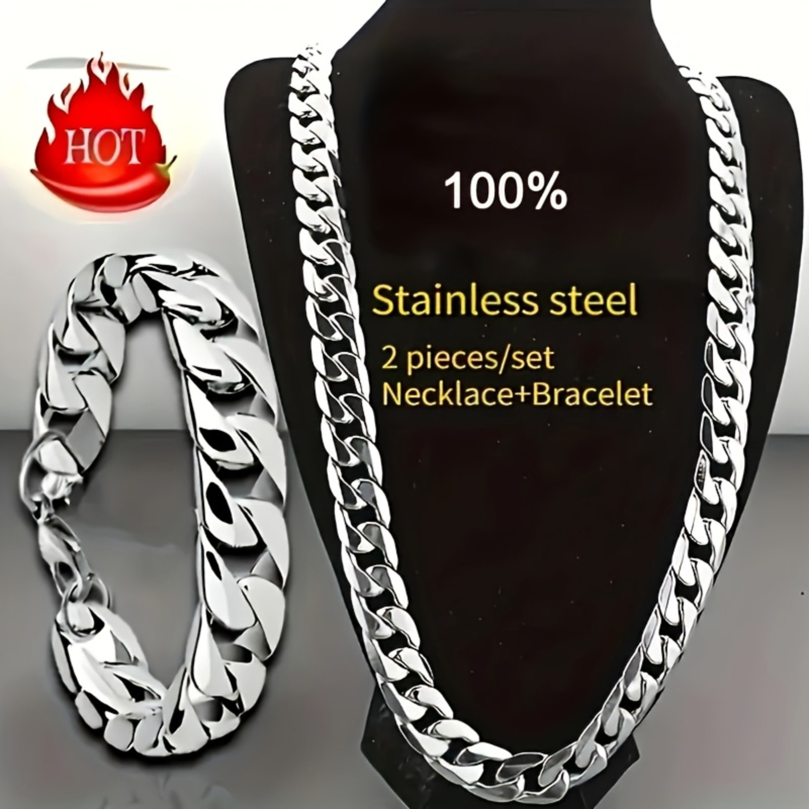 TEMU 2pcs Fashion 7mm Cuban Link Bracelet + Necklace Set, Made Of High-quality Stainless Steel, Durable And Tarnish Resistant, Men's Jewelry Gift,