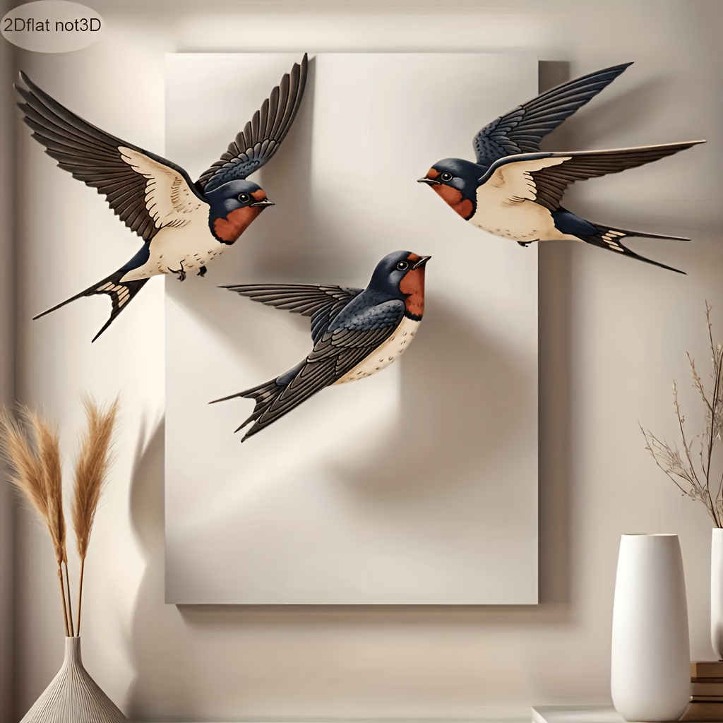 TEMU 2d Flat, 3pcs Colorful Acrylic Sparrow Wall Decor - Realistic Bird With Striped Feather, Horizontal Suitable For, Bedroom, Study, - Decoration