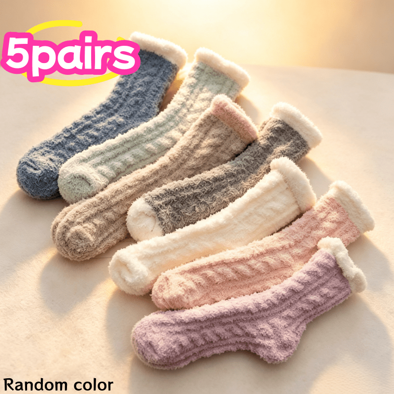 TEMU 5 Pairs Thermal Socks Thickened Plush Warm Winter Socks Suitable For Cold Weather, Soft Mid-calf Color-blocking For Home, Bedroom & Daily Wear -