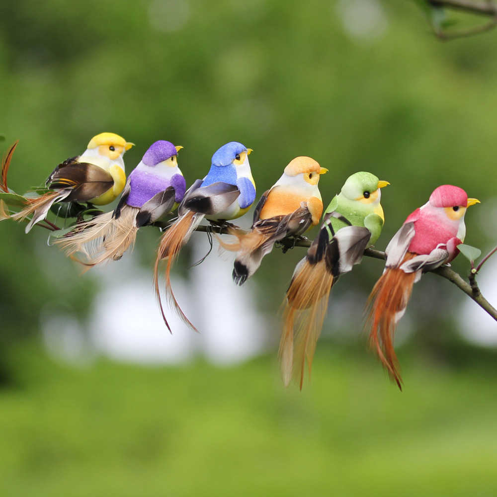 Image of 6pcs Handmade Feather Birds Home Decor - Colorful Pu Polyurethane Hanging Ornaments For Christmas Gift (indoor/outdoor/garden), No Electricity Needed